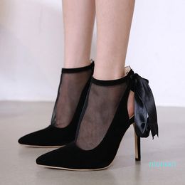Hot sale-Adorable black meshy lace up back bowtie pointed toe designer shoes Come With Box size 35 to 40