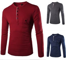 Mens Solid Colours T-shirts Fashion Trend Round Neck Casual Skinny Tees Clothing Designer Male Long Sleeve Buttons Slim Tops Tshirts