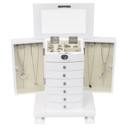 -Caixa de armazenamento da caixa de jóia artesanal do armário do estilo europeu do vintage, caixa de madeira 7 de madeira, com 6 gavetas, branco