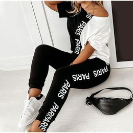 Black Off Shoulder Tracksuit Sets Women's 2 Piece Set Letter Print Short Sleeve Female Top Suit Summer Sport Pant Suits Ladies