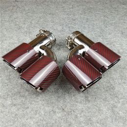 2 PCS Universal Double Exhaust Muffler Tips H Style Straight Edge Red Carbon Fibre + Stainless Steel Dual End Pipe For Car Accessories