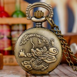 Bronze Vintage Retro Dragon Pattern Small Size Pocket Watches Mens Womens Quartz Analogue Watch Necklace Chain reloj de bolsillo