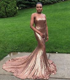 Black Girls Rose Gold Sequined Prom Dresses Woman's Party Wear Eevning Dresses Long Mermaid Plus Size Dubai Arabic Formal Gowns B116
