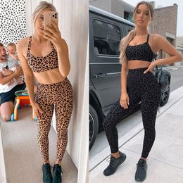 Yoga Womens Outfits 2 Piece Set Workout Athletic Leopard Print Shorts Leggings and Sports Bra Set Gym Clothes Fitness Clothing