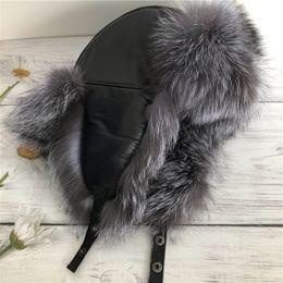 Unisex Real Silver Fox Fur Hat Russian Ushanka Winter Warm Aviator Trapper Bomber Ski Earmuffs Cap243e