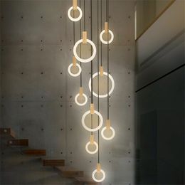 Lampadario moderno in legno a LED Lampada in acrilico Anelli Droplighs Luce per scale 3/5/6/7/10 Teste Apparecchio di illuminazione per interni