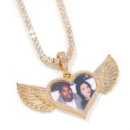 Custom Made Photo Necklace Gold Silver Color Iced Out Bling CZ Angle Heart Wings Pendant Necklace For Men Women with 24inch Rope Chain