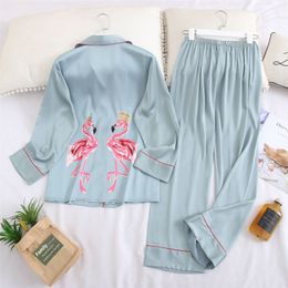 QWEEK Silk Women Pyjamas Sleepwear Pijamas Ladies Pyjamas Satin Sleep Lounge Home Clothes Nightwear Flamingo Print Homewear Y200708