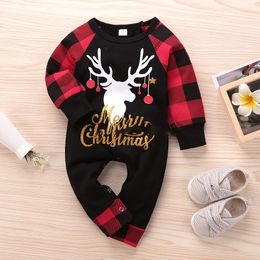 2020 New Christmas Baby Plaid Jumpsuits Long Sleeve Elk Letter Print Romper Boutique Kids Clothing M2296