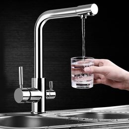 Dual Lever Kitchen 3 Way Water Philtre Mixer Tap Sink Flow Modern Flexible Chrome Faucet