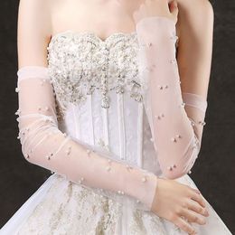 Women Wedding Fingerless Long Gloves Imitation Pearl Beaded Sheer Mesh Cuffs Arm Covers Sunscreen Anti-UV Bridal Gloves