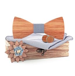 Classic Mens Wooden Bow Tie Fashion Solid Colour Cravate Silver grey Red Green Bowtie Brooch Cufflinks Plaid Ties Set