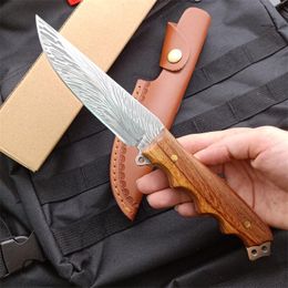 New Arrival Survival Straight Knife 7Cr17Mov Laser Pattern Drop Point Blade Full Tang Rosewood Handle Hunting Knives With Leather Sheath