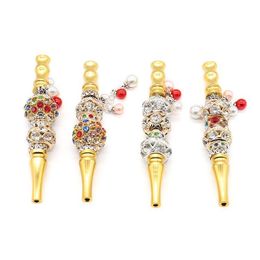 Smoking Pipes Metal Cigarette Holders Portable Hookah Shisha Tip Inlaid Rhinestone Smoking Mouth Smoke Philtre Mouthpiece Drip