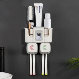 Toothpaste Dispenser Toothbrush Holder No Drill Wall Mount Bathroom Storage Shelf Rack - for 2 persons