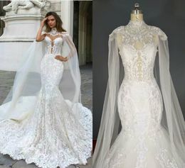 2020 Luxury Chapel Mermaid Wedding Dresses With Wrap Illusion Applique Lace Bridal Gown Sleeveless Sweep Train Custom Made Robe De Mariee