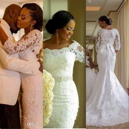 Cheap Mermaid Wedding Dresses Off Shoulder Full Lace Applique Beaded Sash 3/4 Long Sleeves Sweep Train African Nigerian Bridal Gowns 403