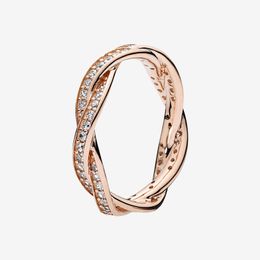 Rose gold plated Sparkling Twisted Lines Ring Women Mens Couples Jewellery for Pandora Real Silver CZ diamond Rings with Original box