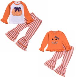 Halloween Baby Girl Outfits Toddler Girls Printed Tops Striped Pants 2pcs Sets Pumpkin Infant Shirt Flared Pants Suits Clothing Set DW4292