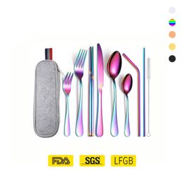High Quality Classic Gold Silverware Wholesale Travel Cutlery Stainless Steel Spoon And Fork Set In a Case Knife Straw Custom LOGO