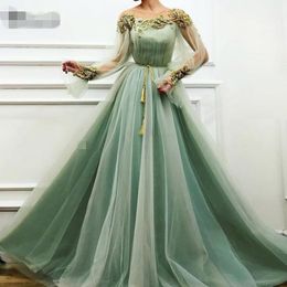 Sheer Mint Green Muslim Dresses Long 2020 Full Sleeves A Line Tulle Plus Size Formal Evening Gowns Vestido De Festa Longo Prom