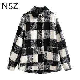 NSZ women white and black oversized plaid coat blouse checked Woollen jacket wool blend outwear thick warm streetwear Fall Winter T200720