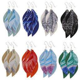 Fashion Leaves PU Leather Earring Dangle Multilayer Leaf Leather Charm Pendant Earring Printed Feather Ear Hook Eardrop Women Jewelry Gifts