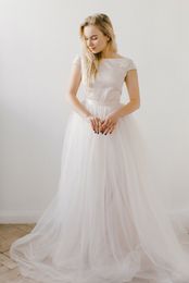 A-line Satin Tulle Boho Modest Wedding Dresses With Cap Sleeves Blushing Pink Informal Bridal Gowns LDS Wedding Dress Custom Made