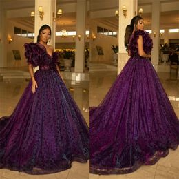 Purple Gorgeous Evening Dresses Sequins Feather Appliqued A-line Prom Dress Luxury Sweep Train Custom Made Backless Formal Gowns