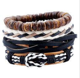 2020 Hot sale Men's genuine leather bracelet DIY PU Punk Cotton rope braid Beading Combination suit Bracelet 4styles/1set