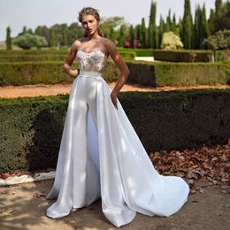 Strapless Boning Corset Wedding Jumpsuit with Detachable Train 2021 Lace Stain Lace-up Bohemian Beach Bride Dress Pant Suit