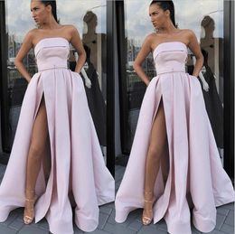 Strapless Pink Prom Dresses with Pockets 2020 Latest Fashion Satin A-line sexy Side Slit Simple Silver Prom Gowns robe de soiree