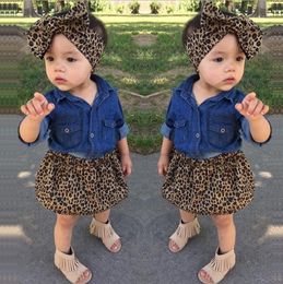 3PC Toddler Infantil Baby Girls Dress Fashion Denim Shirt Leopard Skirt Headband Kids Clothes set Outfits M156