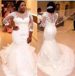 3/4 Sleeves Sheer Neck See Through Africa Mermaid Wedding Dresses 2020 Pure White Colour Plus Size covered buttons Custom Made Wedding Gown