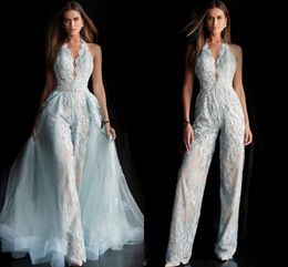 -Volle Spitze applique Braut Overall mit abnehmbarem Zug 2020 Halter Backless Sommer-Feiertag Wedding Jumpsuit Kleid weißes Kleid