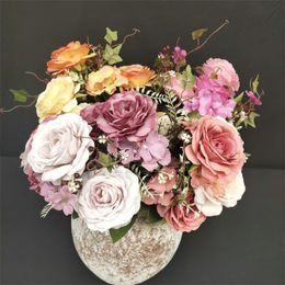 Fake Rose & Hydrangea (11 stems/bunch) 33.46" Length Simulation Autumn Roses for Wedding Home Decorative Artificial Flowers