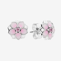 Cute Women's Pink flower Stud Earring Women Girls Wedding Gift with Original box for Pandora Real 925 Sterling Silver Earrings set