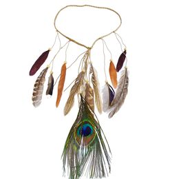 -Handmade Style Estate Gypsy Ethnic corda del cuoio della piuma del pavone Hairbands donne Boho Hippie partito Hairband accessorio dei capelli