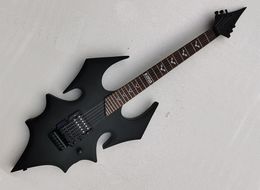 Free shipping matte black unusuall shaped electric guitar with floyd rose,rosewood fretboard,27 frets,can be customized as request