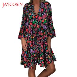 JAYCOSIN 5XL Dress women Plus Size summer dress Loose Print Long Sleeve V-Collar Button Mini Beach vintage vestidos 723