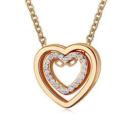 Simple double love necklace fashion all-match full diamond hollow crystal double heart pendant clavicle chain WY1498