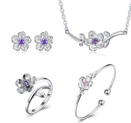 High-quality Silver Accessories S925 Silver crystal Cherry Blossom Necklace Ring Bracelet Earrings Four piece suit Pink purple Zircon jewelr