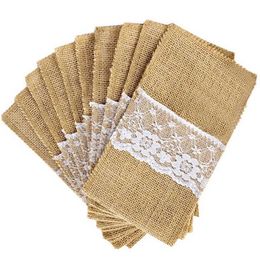 Burlap Cutlery Holder Vintage Shabby Chic Jute Lace Tableware Pouch Packaging Fork & Knife Pocket Home Textiles