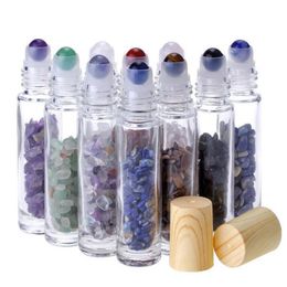 300pcs 10ml Clear Glass Roll on Perfume Bottles with Crushed Natural Crystal Quartz Stone Crystal Roller Ball Wood Grain Cap