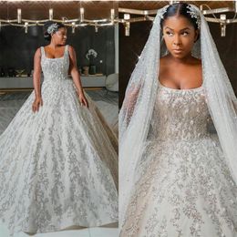 Plus Size Wedding Dresses 2020 New Scoop Neck Lace Beaded African vestidos de novia Luxury Bridal Gowns with Long Train