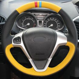 Custom Made Anti Slip Yellow Black Leather Car Steering Wheel Cover for Ford Fiesta Ecosport