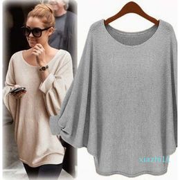 Fashion-Wholesale-2016 Spring Fashion Sweater Ladies Solid Knitted Sweaters Women Loose Casual Tops Batwing Long Sleeve Pullover