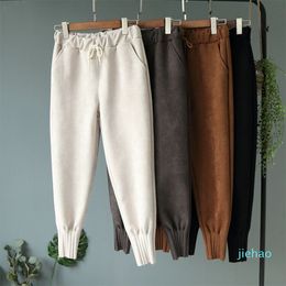 Fashion- Women's Harem Pants With Pocket Leather Suede High Waist Women Sweatpants Casual Loose Trousers Female Pants