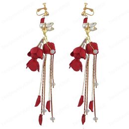 Fashion Red Flower Earrings Crystal Tassel Dangle Earrings Wedding Bride Faux Pearl Rose Ear Drop Charm Earring Accessories Gifts