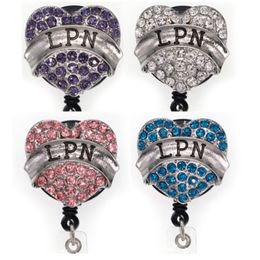 10pcs/lot Key Rings Rhinestone Heart Shape Badge Reel Medical Retractable LPN Nurse Name Badge Holder With Alligator Clip